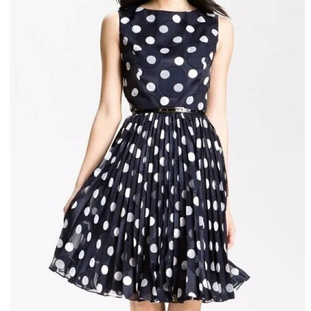 Adrianna Papell Navy Blue & White Polka Dot‎ Sleeveless Pleated A-Line Dress 4